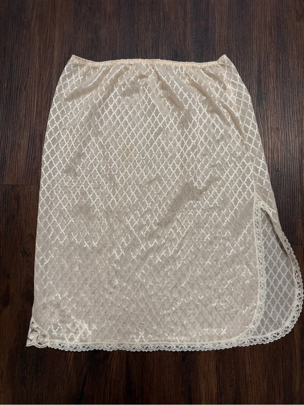 Vintage 80s Undercover Wear Sheer Lace Half Slip Champagne Lingerie Side Slit
